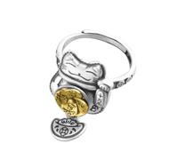 OIDIMS Vintage Lucky Cat Ring for Women Men Unique Design Cute Kitten with Rotatable Four-Leaf Clover Sycee Dangle Drop Open Adjustable Rings Finger Band Fashion Good Luck Jewelry for Family