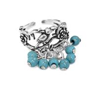 OIDIMS Vintage Magpie Bird Statement Ring for Women Antique Silver Floral Design Turquoise Tassel Beads Open Wrap Finger Adjustable Ethnic Knuckle Ring Unique Promise Lucky Jewelry for Mother