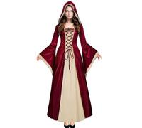 Oiefeen Women's Medieval Renaissance Clothing Hooded Velvet Queen Dress Long Dress Halloween Costume, Red, Small