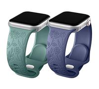 Oielai 2 Pack Flower Engraved Straps Compatible with Apple Watch Strap 40mm 41mm 38mm Women Men, Soft Silicone Sport Strap for Apple Watch SE/iWatch Series 9 8 7 6 5 4 3 2 1, PineGreen/BlueGrey