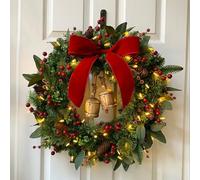 OIFAODAO, Christmas Garland with Lights, 19.6 In Garlands for Decoration, with Pine Cones, Red Berries, Bell, Bow, Holiday for Door, Window, Wall ，Christmas Wreath(80cm/31.4in)