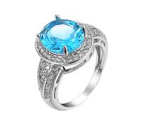 OIFAODAO Mossanite Wedding Rings, Plated 18ct White Gold Ring Women, Wedding Bands for Four Prong Oval Shape Cubic Zirconia Promise Rings(Blue,N 1/2)