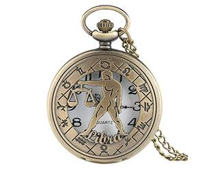 OIFMKC Pocket Watch Antique Zodiac Libra Design Quartz Pocket Watch September October Birthday Gift for Men Women Neckalce Chian