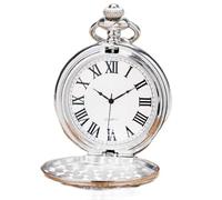 OIFMKC Pocket Watch Full Hunter Silver Pocket Watch Smooth Face Pendant Clock Roman Number Display Quartz Pocket Clocks with Chain Unisex Retro GIF