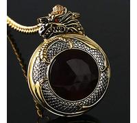 OIFMKC Pocket Watch Luxury Golden & Silver Chinese Dragon Design Pocket Watch with Dark Red Zircon Short Golden Chain Gift to Men Women