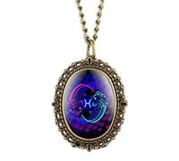 OIFMKC Pocket Watch Retro Fashion Twelve Constellations Theme Quartz Pocket Watches Pendant Lady Necklace Watch Gifts Women with Chain reloj,Pisces