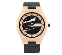 OIFMKC Wooden Watch 4 Types Letter C Shape Unique Ebony Bamboo Wooden Watch Men Clock Male Leather Quartz Analog Trendy Retro Art Draw Watch- Black