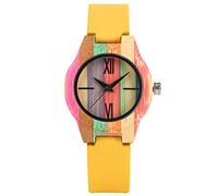OIFMKC Wooden Watch Charming Yellow PU Leather Wood Watch Ladies Wristwatch Roman Numerals Women's Watches Colorful Nature Wooden Clock Quartz reloj,only Watch