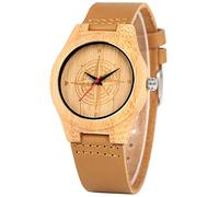 OIFMKC Wooden Watch Cool Carving Compass Design Round Wooden Watch Women's Quartz Watches Brown Leather Watchband Stylish Female Wood Clock
