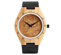 OIFMKC Wooden Watch Creative Carving Phoenix Bamboo Mens Watch 100% Original Wood Arabic Number Quartz Clock Male Leather Bangle Sports Gift-Black Band