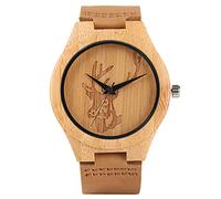 OIFMKC Wooden Watch Creative Skull Watch Men's Wood Moose Elk Deer Head Dial Bamboo Clock Male Casual Leather Quartz Wrist Watch Top Christmas Gifts-Deer