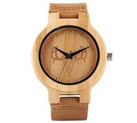OIFMKC Wooden Watch Creative Skull Watch Men's Wood Moose Elk Deer Head Dial Bamboo Clock Male Casual Leather Quartz Wrist Watch Top Christmas Gifts-Cattle