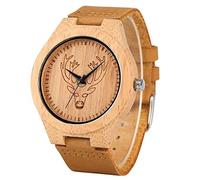 OIFMKC Wooden Watch Engraved Tiger Dial Elk Deer Wood Watch Men's Watches Brown Leather Band Quartz Clock Hours Top Brand Luxury Relogio Masculino,Elk Dial