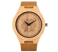 OIFMKC Wooden Watch Engraving Tiger Face Round Dial Bamboo Wood Men Watch Genuine Leather Wristwatch Stylish Casual Men's Wooden Watches New 2019,only Watch