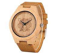 OIFMKC Wooden Watch Men's Watch Engraved Tiger Dial Elk Deer Wood Quartz Watch Light Brown Leather Band Clock Top Brand Luxury reloj Montre Homme-Tiger Dial