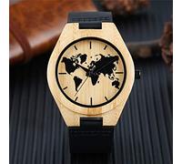 OIFMKC Wooden Watch Minimalist Watch Men's Creative World Map Watch Natural Bamboo Wood Quartz Analog Handmade Clock Male Black Genuine Leather Hour