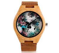 OIFMKC Wooden Watch Natural Bamboo Watch Men Women Evil Cool Skull Face Wood Analog Quartz Wristwatches Leather Strap Unisex Birthday Gifts-style1
