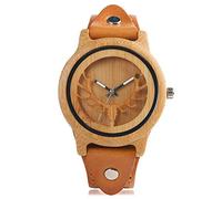 OIFMKC Wooden Watch Punk Genuine Leather Wooden Watch Men Women Relogio Masculino ELK Moose Deer Pattern Bamboo Wristwatches Quartz Timepieces Gift,only Watch