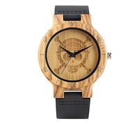 OIFMKC Wooden Watch Unique One Piece Wood Watches Men Engraved Skull Dial Pure Bamboo Wood Clock Man Quartz Analog Black Genuine Leather Band Watch,2
