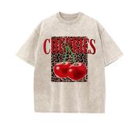 Oiiaayy Oversized Cherry Graphic Tees for Women Vintage Leopard Cherry Fruit Shirt Acid Wash Crewneck Streetwear T Shirts Top, Apricot, M