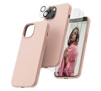 OIIAEE [5-in-1 for iPhone 13 Case 6.1",Liquid Silicone case with 2 Pack Screen Protector & 2 Pack Camera Protector, Ultra Slim Shockproof Soft Anti-Scratch Microfiber Lining-Sand Pink