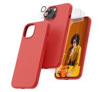 OIIAEE [5-in-1 for iPhone 13 Case 6.1",Liquid Silicone case with 2 Pack Screen Protector & 2 Pack Camera Protector, Ultra Slim Shockproof Soft Anti-Scratch Microfiber Lining-Kumquat Orange