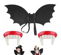Oiieco Bat Wings for Halloween Costume - Bat Devil Wings Halloween Accessories with 2 pcs Vampire Teeth, Adjustable Strap Spooky Bat Devil Wings Halloween Accessories for Cosplay Parties and Dress Up
