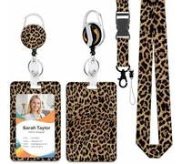 Oiieco Leopard ID Card Holder Set, Card Holder with Retractable Lanyard, ID Case with Sliding Cover, Badge Reel with Clip, Retractable ID Card Holder, Lanyard for Office, Nurse, Teacher