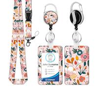Oiieco Retractable Lanyard with ID Card Holder, Work Lanyard Card Holder with Retractable Badge Reel Carabiner Clip and Detachable Strap for Worker Nurse Teacher Student Women Kid, Pink Flower