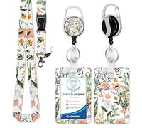 Oiieco Retractable Lanyard with ID Card Holder, Work Lanyard Card Holder with Retractable Badge Reel Carabiner Clip and Detachable Strap for Worker Nurse Teacher Student Women Kid, White Flower