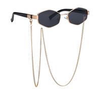 Oiieco Retro Metal Frame Hexagon Sunglasses with Chain Gold, Ladies Luxury Hexagon Eyewear Uv400