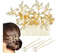OIIKI Gold Wedding Hair Accessories, Pearl Rhinestones Butterfly Bridal Hair Comb, U-shape Pearl Hair Pins, Flower Leaf Hair Side Comb, Vintage Hair Jewelry Hair Piece for Bride, Bridesmaid