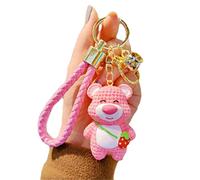 Oikabio Pink Bear Key Chain Strawberry Keyring Resin materials Cute Key Chain Strap Keychain Key Ring Holder Bell Spring Accessories for Girls Women Gift Bag Pendant Good Luck