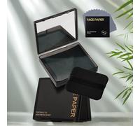 Oil Blotting Paper - 300 Sheets with Mirror, Puff & Refills, Black | Absorbs excess face oil, controls shine, saves makeup. On-the-go essential for a flawless matte finish all day.