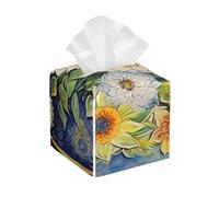 Oil on Canvas Flowers Print Tissue Box Cover - Square Leather Holder Organizer, for Kitchen, Living Room, Office Decor