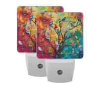 Oil on Canvas Tree Birds Night Light 2 Pack Plug in Wall with Dusk to Dawn Sensor Led Lamp for Women Men Night Lights Plug in Wall Decor for Bedroom Kitchen Corridor, 0.5W