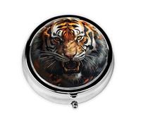 Oil Painting Animal Tiger Round Pill Box with 3 Compartments, Mini Metal Pill Organizer for Purse or Pocket, Lightweight Portable for Daily Use Gifts Travel