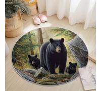 Oil Painting Animals Bears Rugs Round 60 cm Living Room Modern Non-Slip Area Rug, Round Machine Washable Floor Carpet, Low Pile Soft Circle Rug for Bedroom Kids Room Decor, Black