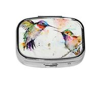 (Oil Painting Bird) Square Pill Box with 2 Compartment Small Pill Organizer Portable Pill Case Vitamin Containers, Travel Essentials 5.5x4x1.8 cm