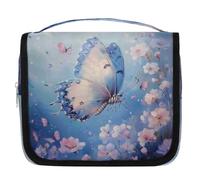 Oil Painting Blue Butterfly Flower Travel Toiletry Bag with Hanging Hook, Waterproof Hanging Makeup Organizer Portable Cosmetic Bag for Women & Men Travel Essentials Accessories