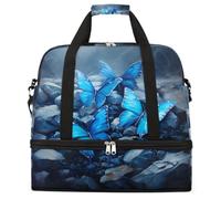 Oil Painting Blue Butterfly Foldable Travel Duffel Bag Expandable Gym Bag with Shoe Compartment Large Capacity Weekender Bag Carry On Tote Bag for Travel Sports Overnight Trips