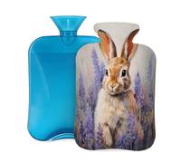 Oil Painting Bunny Flower Hyacinth Hot Water Bottle with Cover, 2L PVC Hot Water Bag for Pain Relief, Hand Foot Warmer, Hot & Cold Therapy with Removable Cover, Gift for Women Kids Family