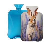 Oil Painting Bunny Flower Hyacinth Hot Water Bottle with Cover, 2L PVC Hot Water Bag with Soft Cover, Reusable Heating Pad for Pain Relief Warm Hands Waist Abdomen Feet & Bed