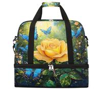 Oil Painting Butterfly Rose Foldable Travel Duffel Bag Expandable Gym Bag with Shoe Compartment Large Capacity Weekender Bag Carry On Tote Bag for Travel Sports Overnight Trips