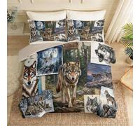 Oil Painting Collage Duvet Cover Cot-bed, Wildlife Wolf Pack Comfortable Delicate Touch Luxurious Microfibre Quilt cover with Zipper Closure and Pillowcases, Cream