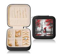 Oil Painting Couple Small Jewellery Box Paris Eiffel Tower PU Leather Travel Jewellery Organizer for Women Girls Storage Case for Rings Earrings Necklaces Bracelets