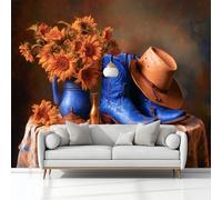 Oil Painting Cowboy Hat Sunflower Boots Non-Woven Wallpaper 400 x 280 cm Bedroom Wall Mural, Brown Photo Wallpaper Poster Wall Covering, for Children’s Room Home Restaurant Living Room Hallway