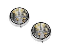 (Oil Painting Eiffel Tower Modern Couple) Round Pill Box with 3 Compartment Small Pill Organizer Portable Pill Case Vitamin Containers, Travel Essentials 4.6x4.6x1.8 cm