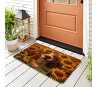 Oil Painting Fall Basset Hound Dog Front Black Door Mat Outside Inside Entrance 29 * 17, Autumn Sunflower Outdoor Indoor Non Slip Doormat, Small Pet Classroom Patio Garage Shoes Off Doormat