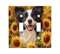 Oil Painting Fall Border Collie Dog Decorative Switch Cover Plate 2 Gang Double Toggle, Autumn Sunflower Electrical Faceplate for Bedroom Bathroom Decor, Pet Standard Size Switchplate